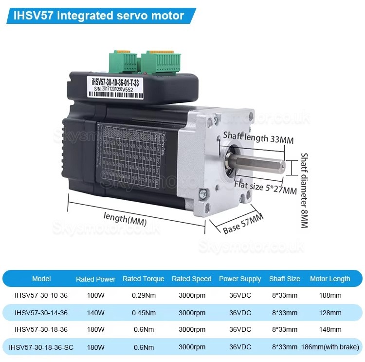 Nema 23 Integrated AC Servo Motor JMC iHSV57-30-10-36 100W 36V 0.29N.m 3.5A 3 Phase 3000RPM